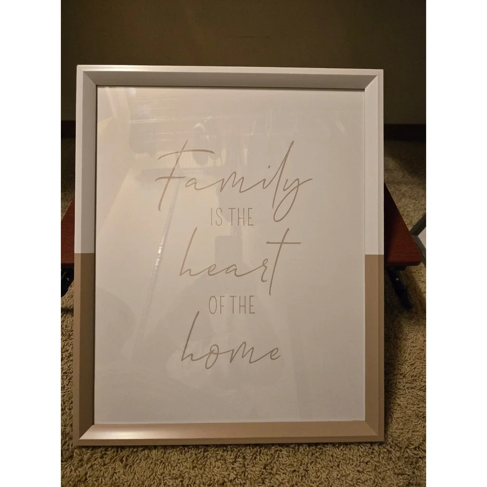 Family is the Heart‎ of the Home Framed Wall Art Two Tone White Tan Sign Decor